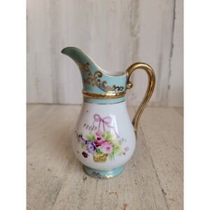 Mini blue pitcher floral vase bow ceramic kitchen creamer home decor